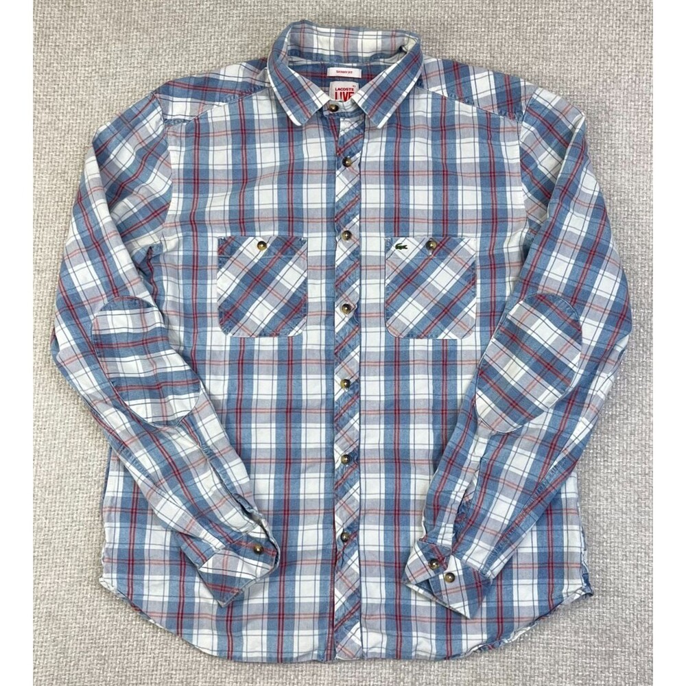Lacoste Live Shirt Men's 42 Skinny Fit Plaid Button Up Elbow Patch Blue White